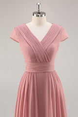 Dusty Rose Langes Chiffon V-Ausschnitt Brautjungfernkleid mit Rüschen und Drapierung