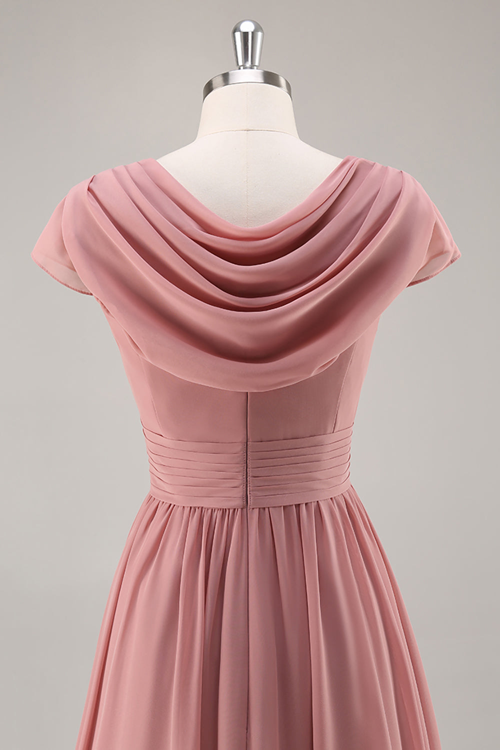 Dusty Rose Langes Chiffon V-Ausschnitt Brautjungfernkleid mit Rüschen und Drapierung