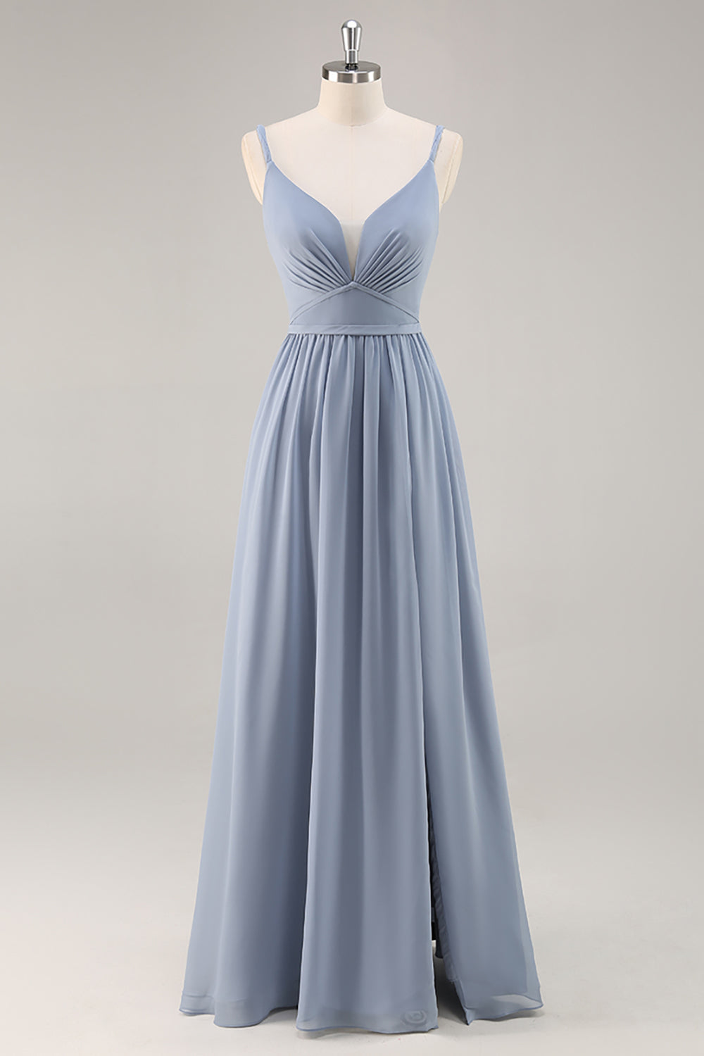 Graublaues Langes Brautjungfernkleid aus Chiffon mit Rüschen und Schlitz