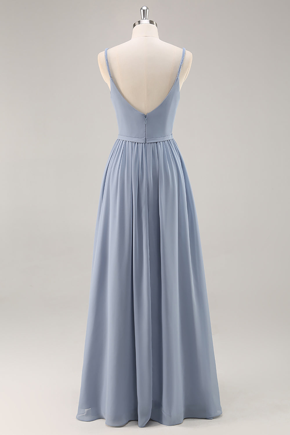 Graublaues Langes Brautjungfernkleid aus Chiffon mit Rüschen und Schlitz