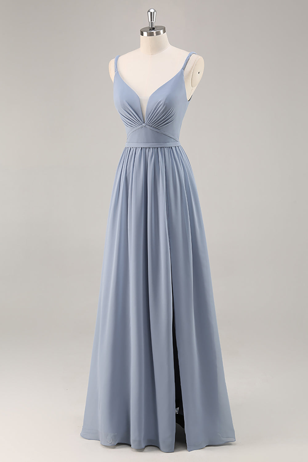 Graublaues Langes Brautjungfernkleid aus Chiffon mit Rüschen und Schlitz