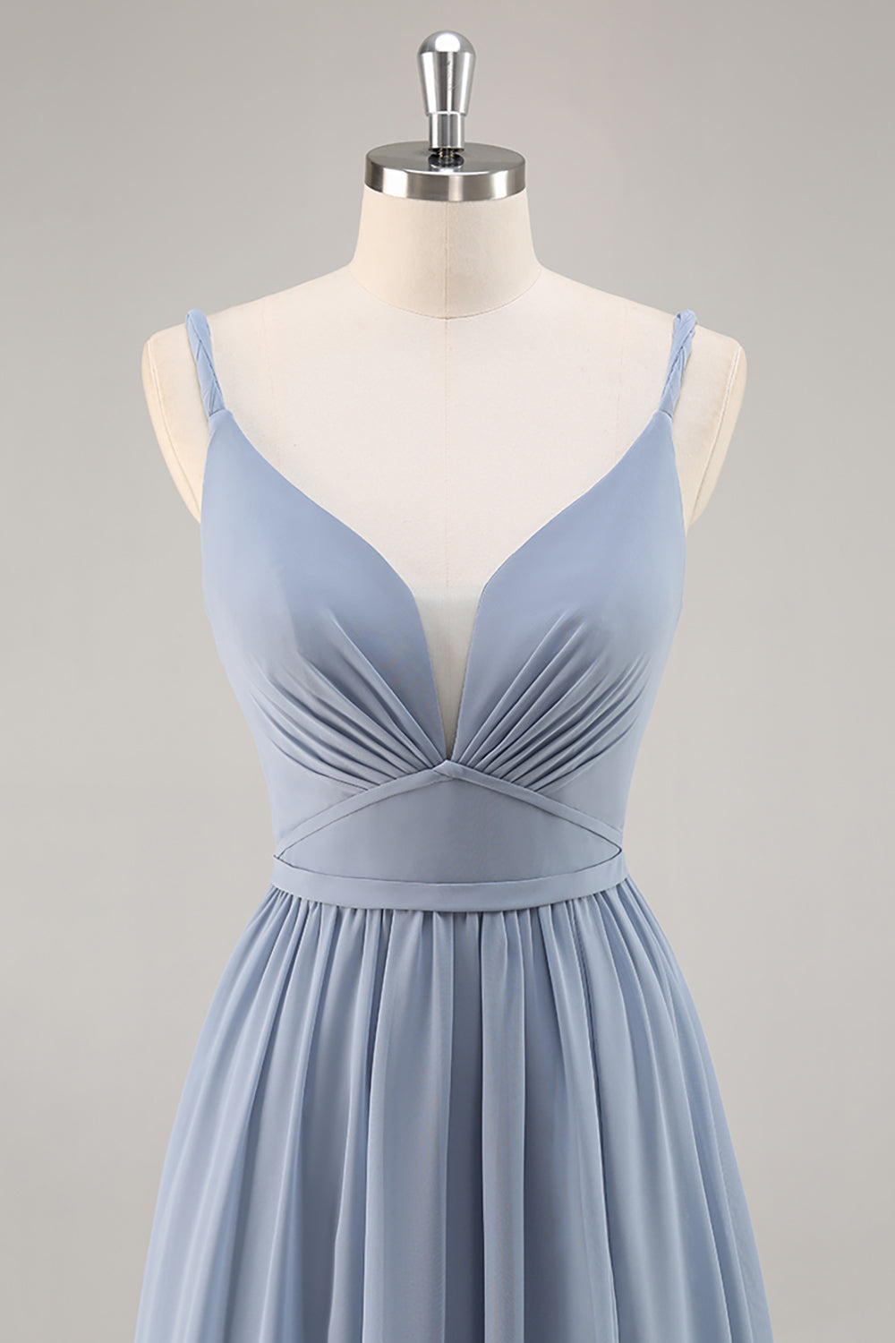 Graublaues Langes Brautjungfernkleid aus Chiffon mit Rüschen und Schlitz