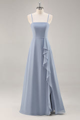 Staubblaues Chiffon A-Linie Brautjungfernkleid mit Rüschen