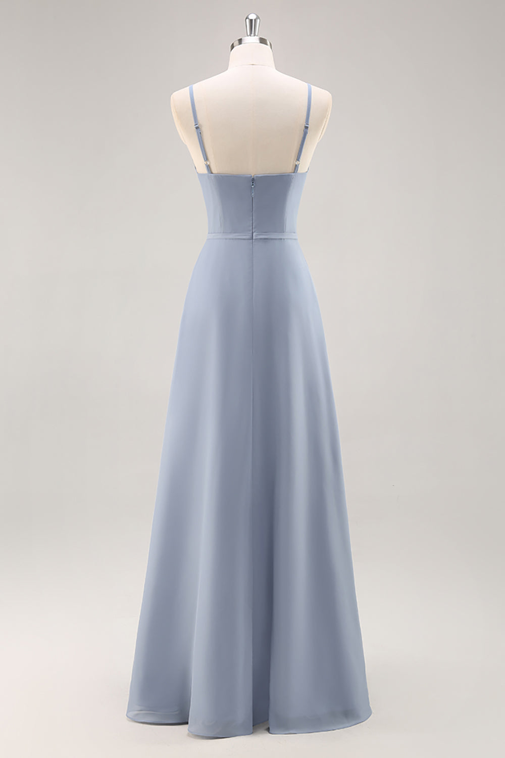 Staubblaues Chiffon A-Linie Brautjungfernkleid mit Rüschen