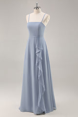 Staubblaues Chiffon A-Linie Brautjungfernkleid mit Rüschen