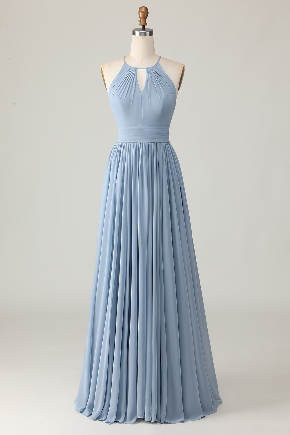 Staubblaues Langes Neckholder Brautjungfernkleid aus Chiffon mit Rüschen und Schlüssellöchern