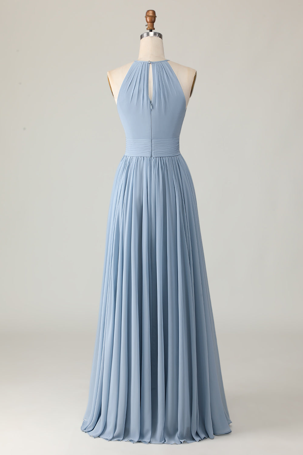 Staubblaues Langes Neckholder Brautjungfernkleid aus Chiffon mit Rüschen und Schlüssellöchern