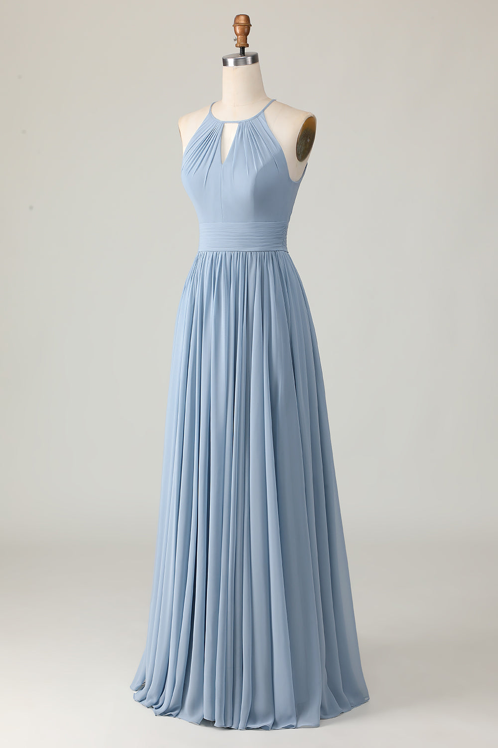Staubblaues Langes Neckholder Brautjungfernkleid aus Chiffon mit Rüschen und Schlüssellöchern
