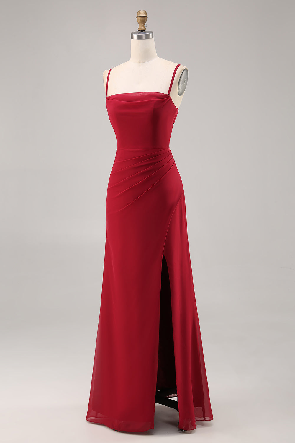 Dunkelrotes Gerafftes Brautjungfernkleid aus Chiffon mit Spaghettiträgern und Schlitz