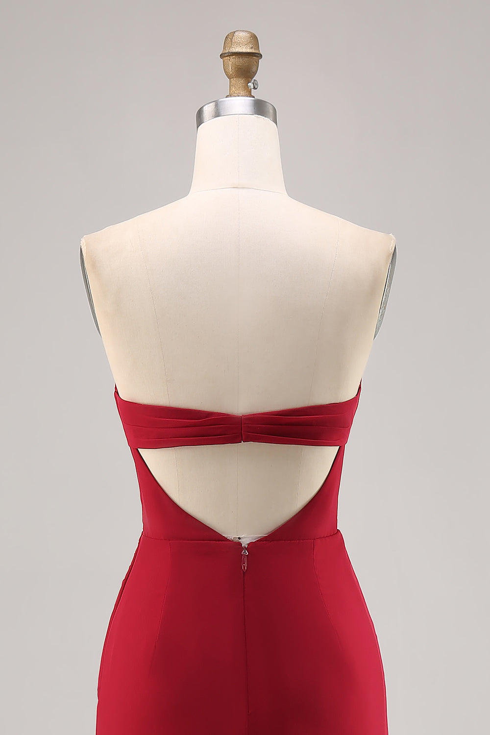 Dunkelrotes Gerafftes Brautjungfernkleid aus Chiffon mit Spaghettiträgern und Schlitz