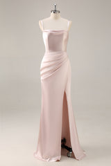 Bonbonrosa Satin Meerjungfrau Gerafftes Langes Brautjungfernkleid mit Schlitz
