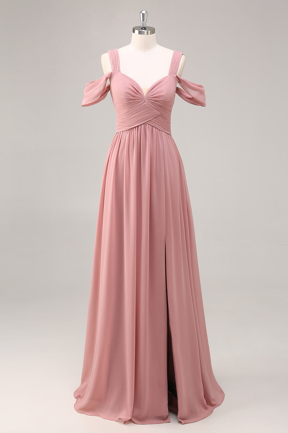 Dusty Rose Kalte Schulter Chiffon Gerafftes Langes Brautjungfernkleid mit Schlitz