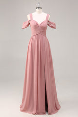 Dusty Rose Kalte Schulter Chiffon Gerafftes Langes Brautjungfernkleid mit Schlitz