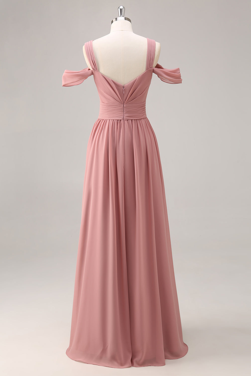 Dusty Rose Kalte Schulter Chiffon Gerafftes Langes Brautjungfernkleid mit Schlitz
