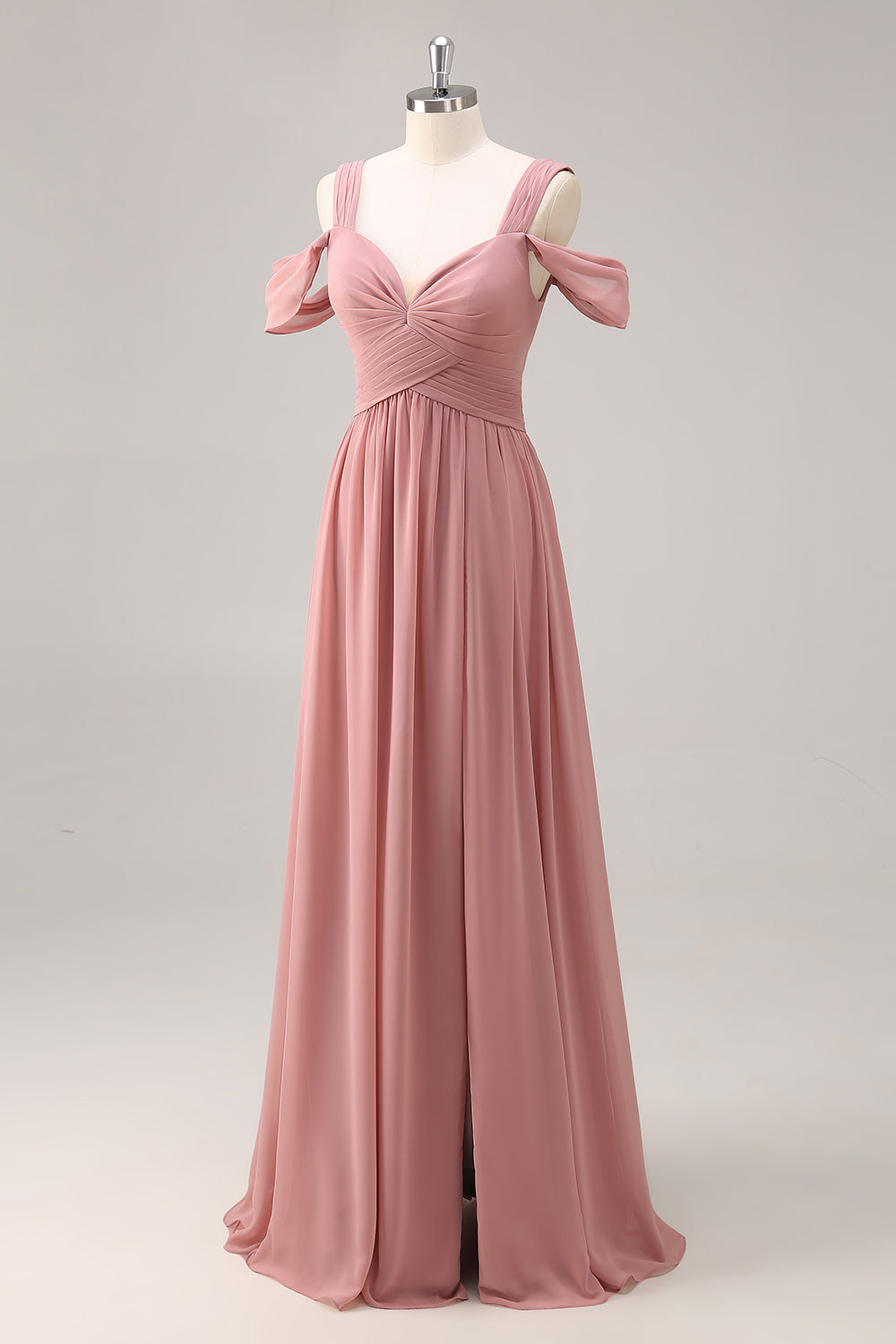 Dusty Rose Kalte Schulter Chiffon Gerafftes Langes Brautjungfernkleid mit Schlitz