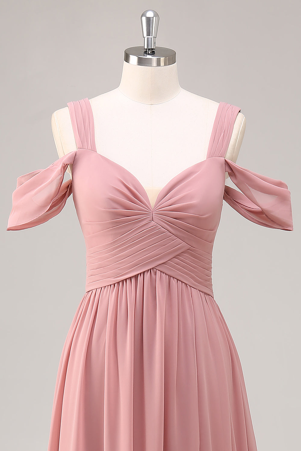 Dusty Rose Kalte Schulter Chiffon Gerafftes Langes Brautjungfernkleid mit Schlitz