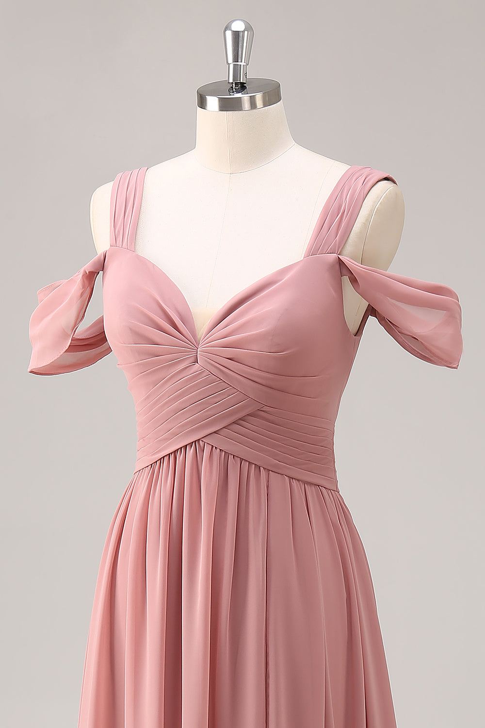 Dusty Rose Kalte Schulter Chiffon Gerafftes Langes Brautjungfernkleid mit Schlitz