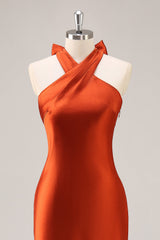 Rost Satin Neckholder Meerjungfrau Langes Brautjungfernkleid mit Schleife