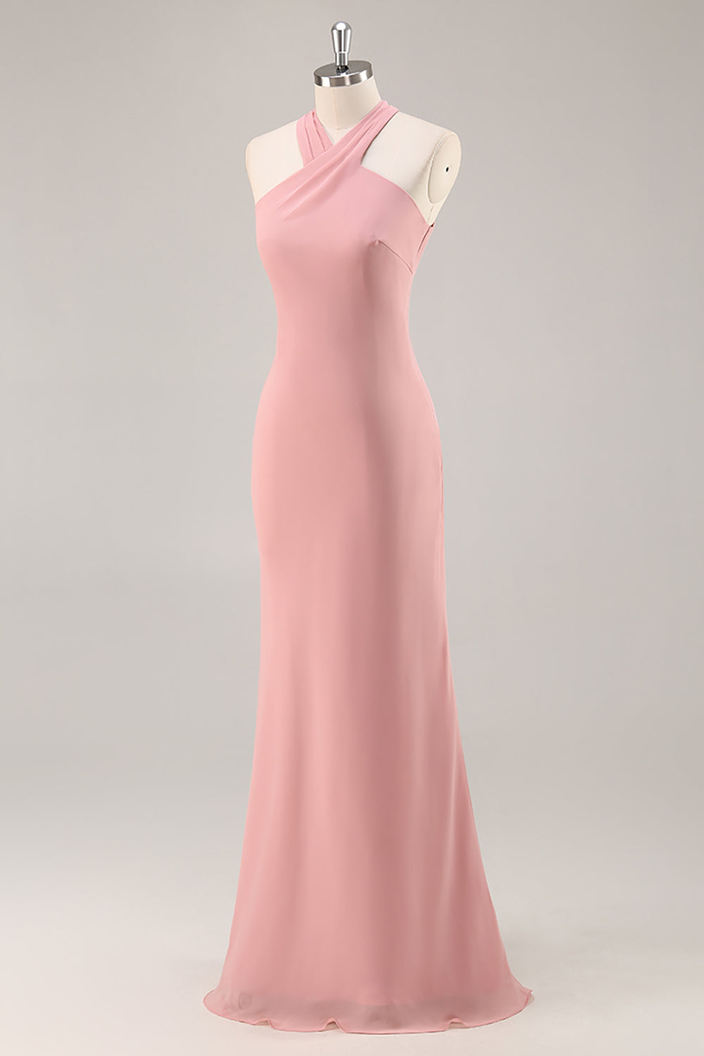 Blush Neckholder Meerjungfrau Chiffon Langes Brautjungfernkleid mit Schleife
