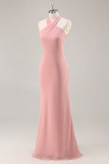 Blush Neckholder Meerjungfrau Chiffon Langes Brautjungfernkleid mit Schleife