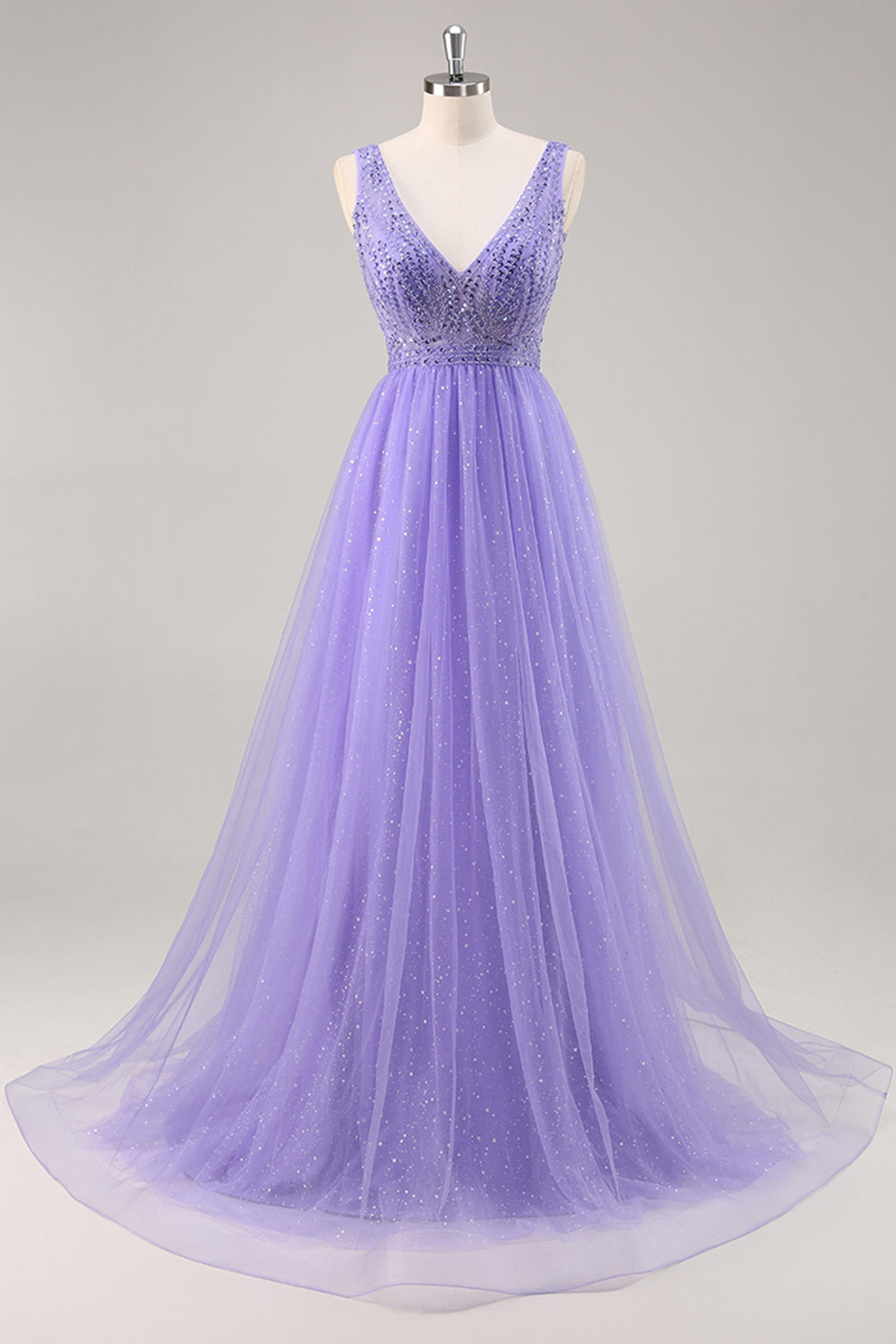 Glitzer Lila A Linie Langes Ballkleid mit Perlen