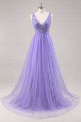 Glitzer Lila A Linie Langes Ballkleid mit Perlen