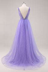Glitzer Lila A Linie Langes Ballkleid mit Perlen