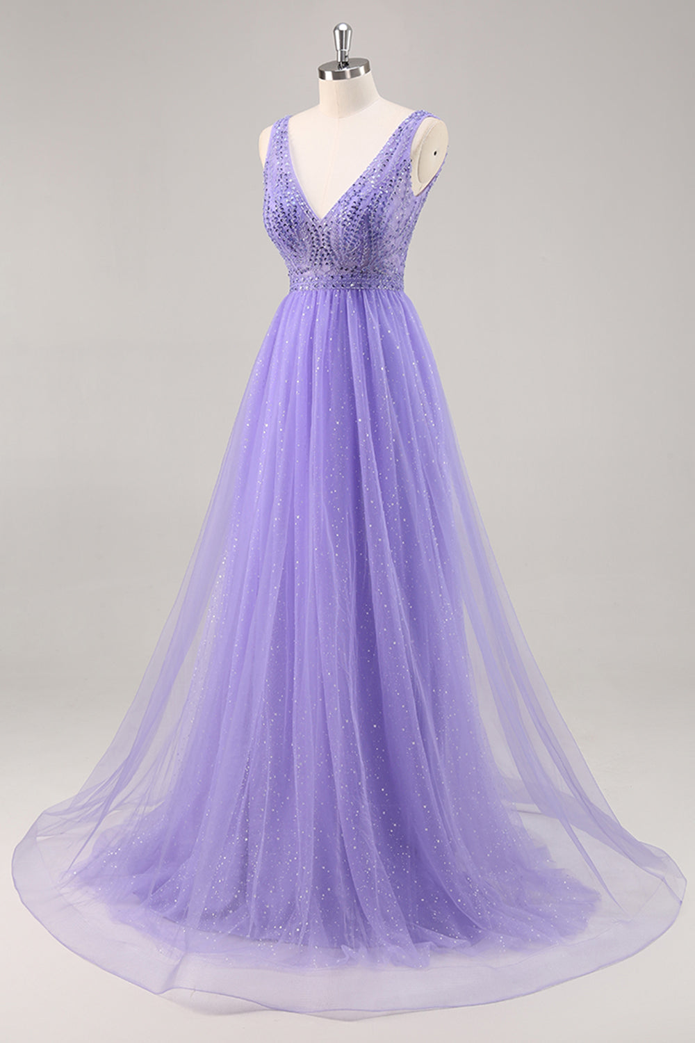 Glitzer Lila A Linie Langes Ballkleid mit Perlen