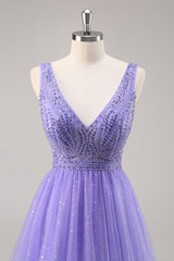 Glitzer Lila A Linie Langes Ballkleid mit Perlen