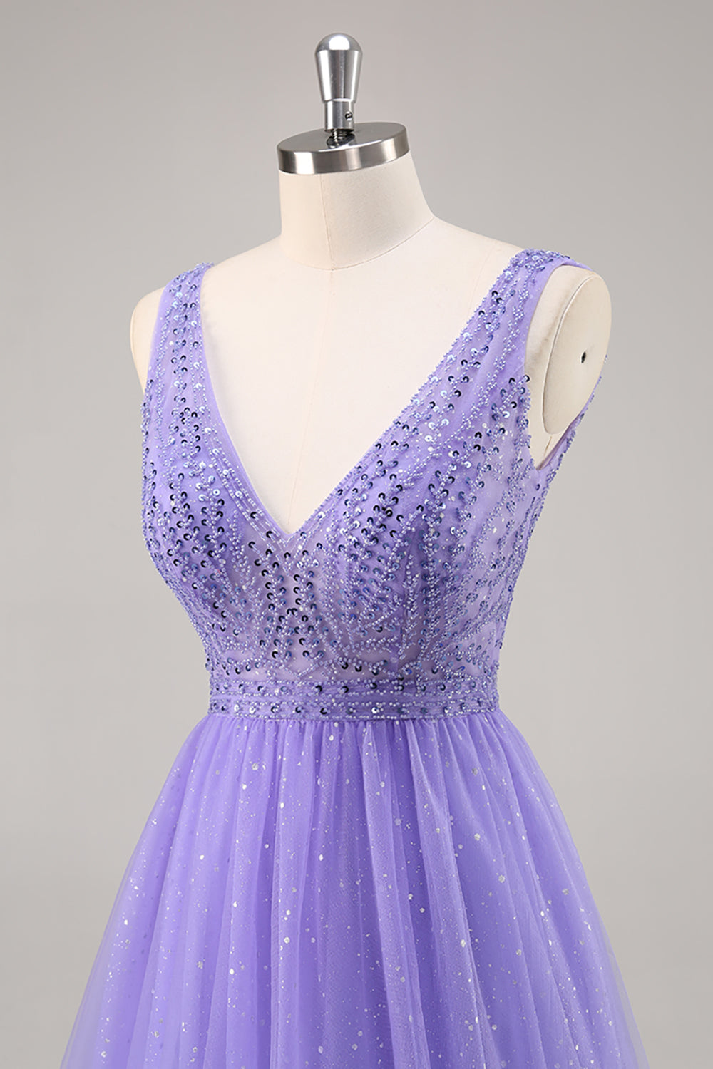 Glitzer Lila A Linie Langes Ballkleid mit Perlen