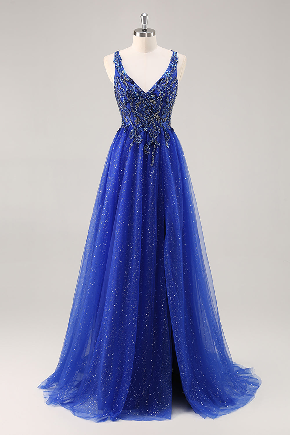 Glitzerndes A-Linie Königsblaues Perlen Ballkleid mit Schlitz