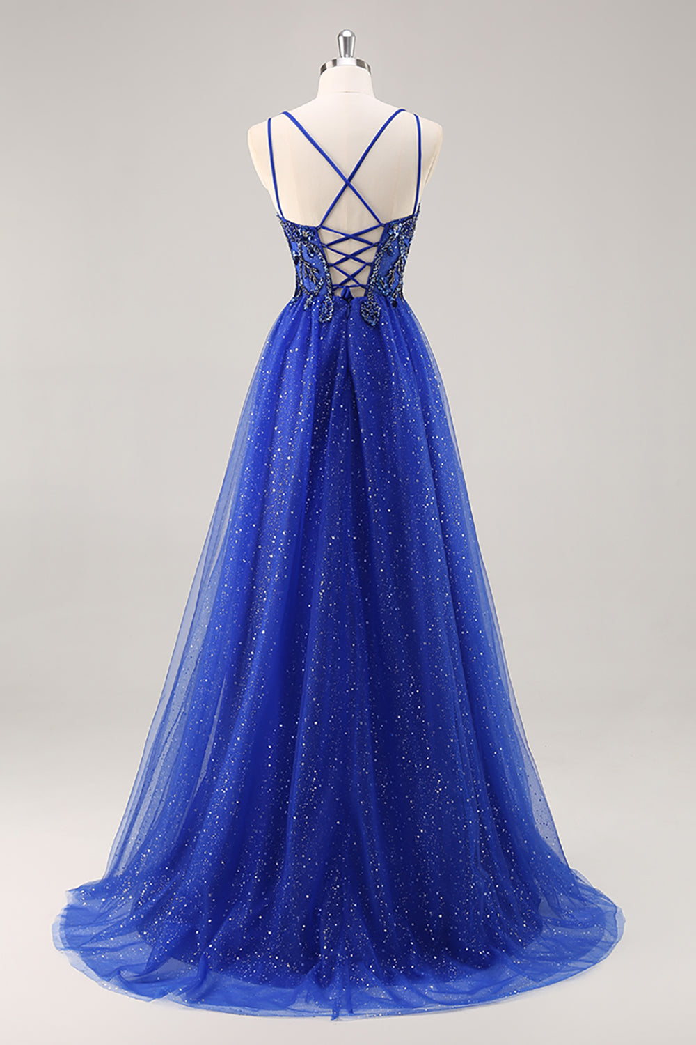 Glitzerndes A-Linie Königsblaues Perlen Ballkleid mit Schlitz