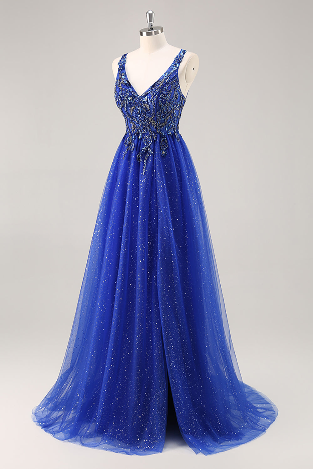 Glitzerndes A-Linie Königsblaues Perlen Ballkleid mit Schlitz