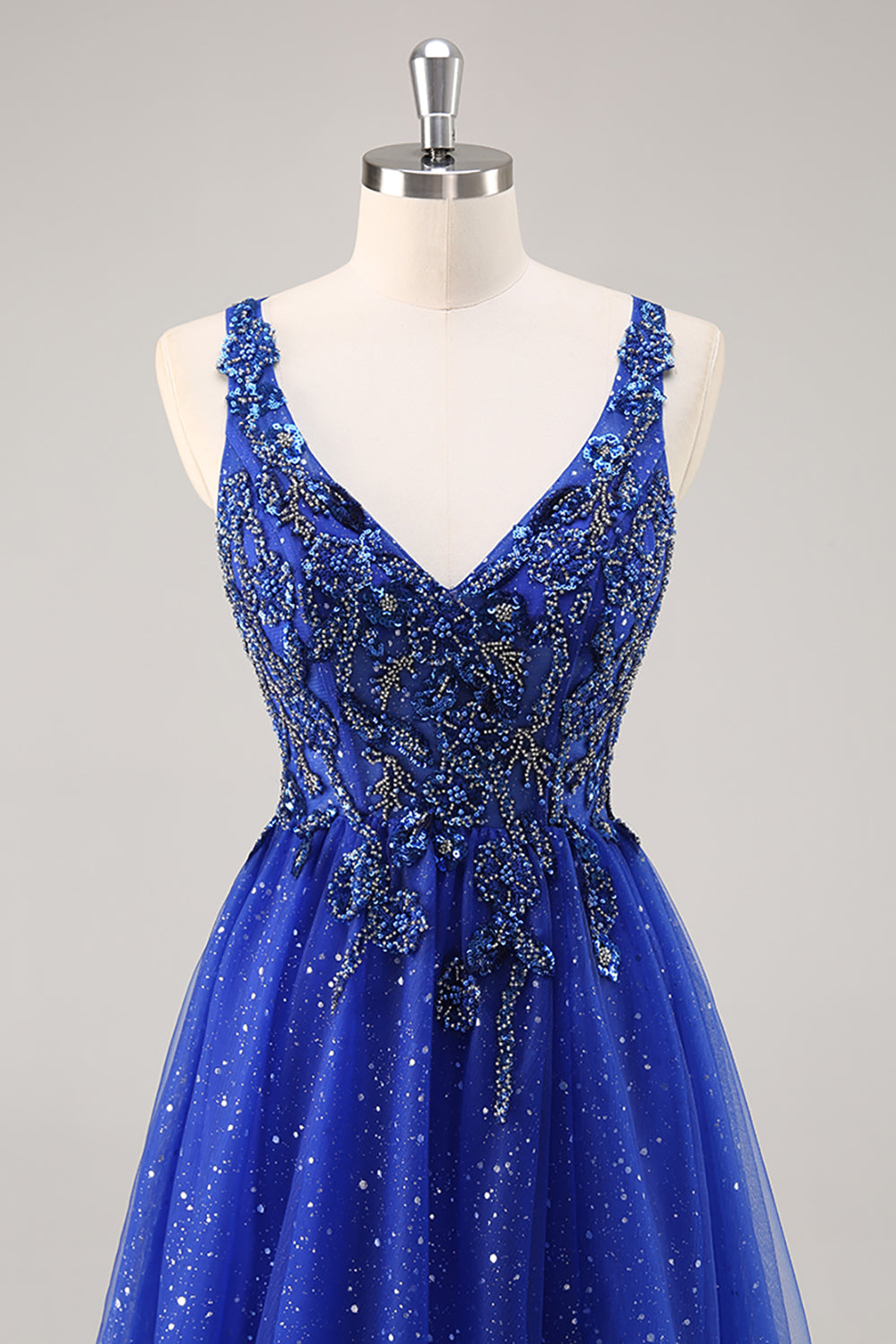 Glitzerndes A-Linie Königsblaues Perlen Ballkleid mit Schlitz