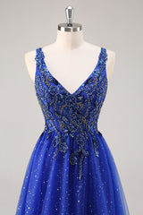 Glitzerndes A-Linie Königsblaues Perlen Ballkleid mit Schlitz