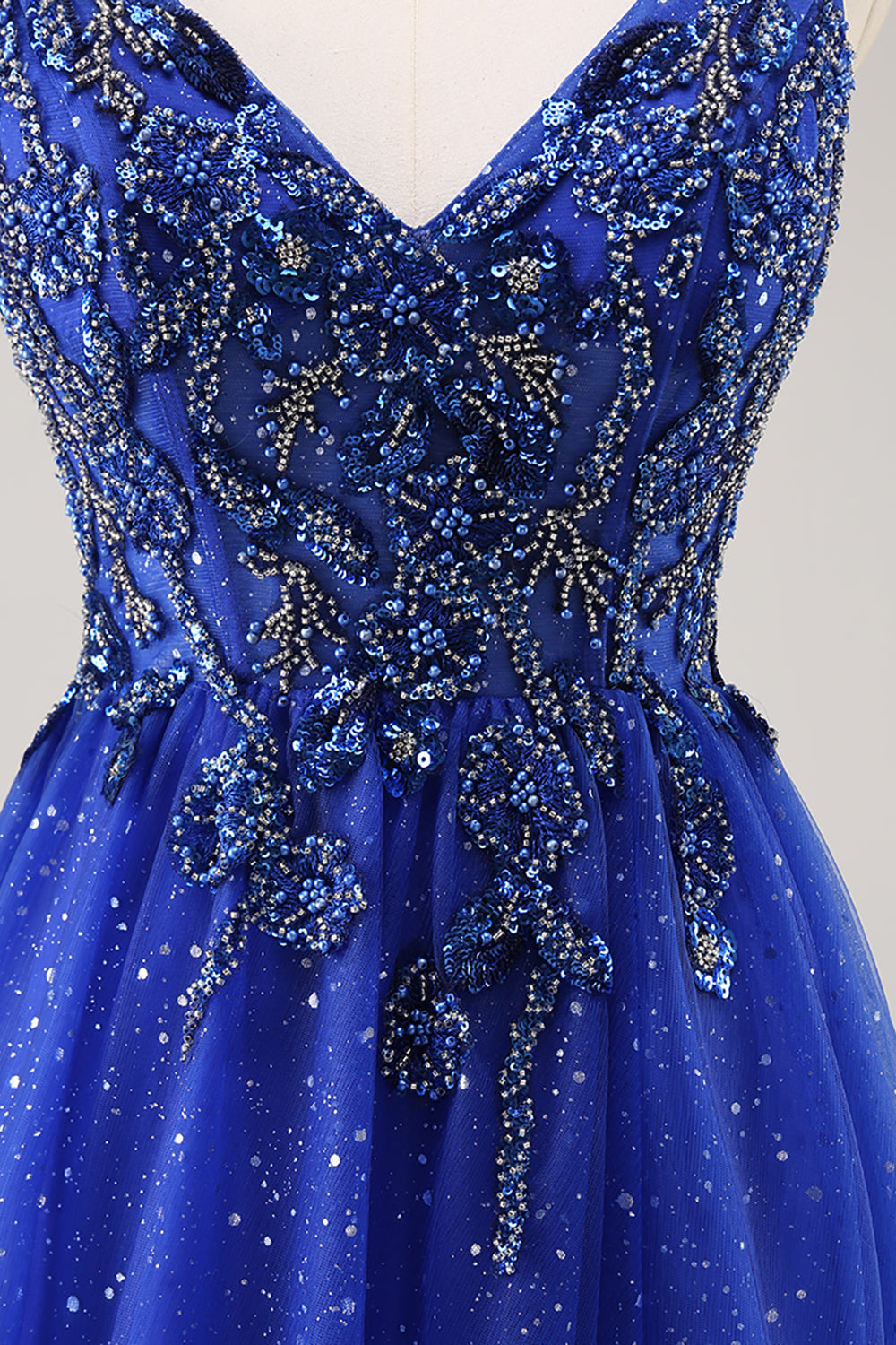 Glitzerndes A-Linie Königsblaues Perlen Ballkleid mit Schlitz