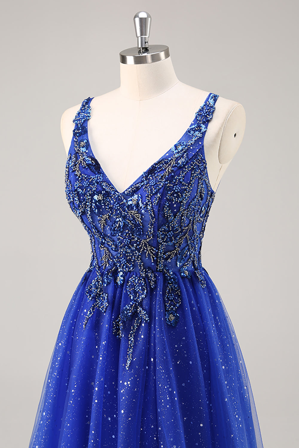 Glitzerndes A-Linie Königsblaues Perlen Ballkleid mit Schlitz