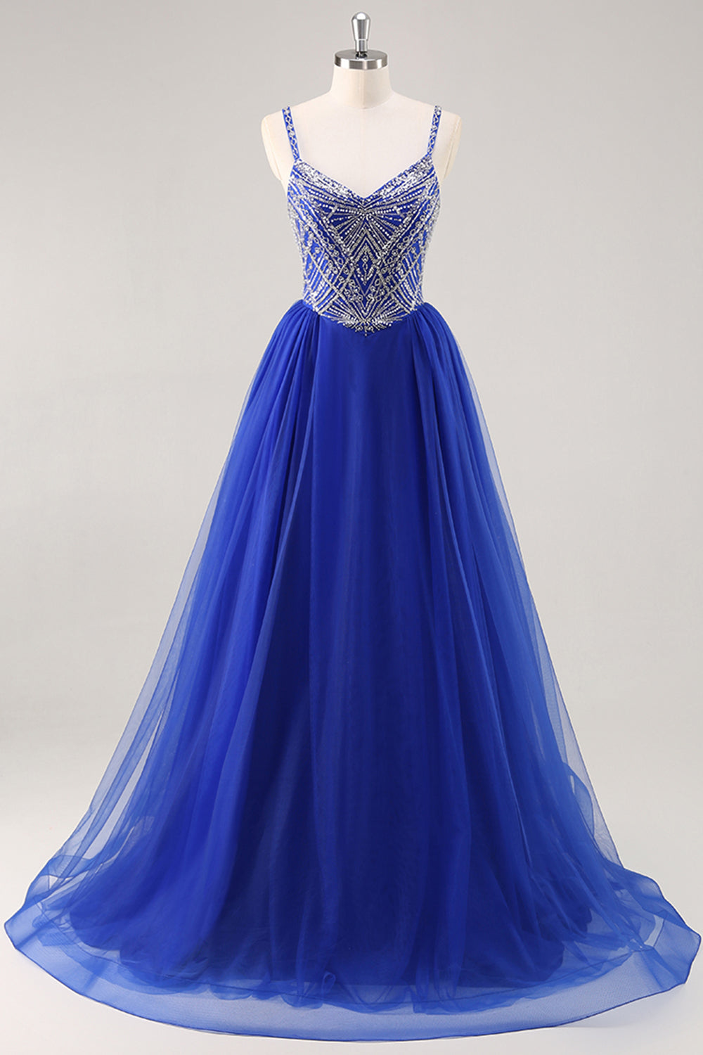 Königsblaues A-Linie Langes Ballkleid mit Perlen