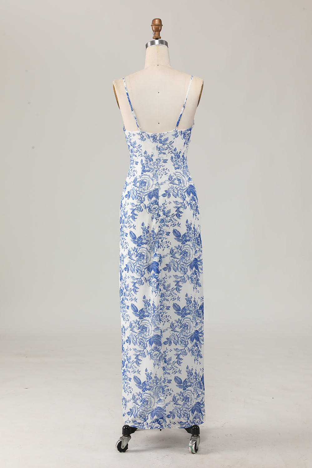 Bedruckte Etui Weiß Blau Blume Langes Hochzeitsgastkleid