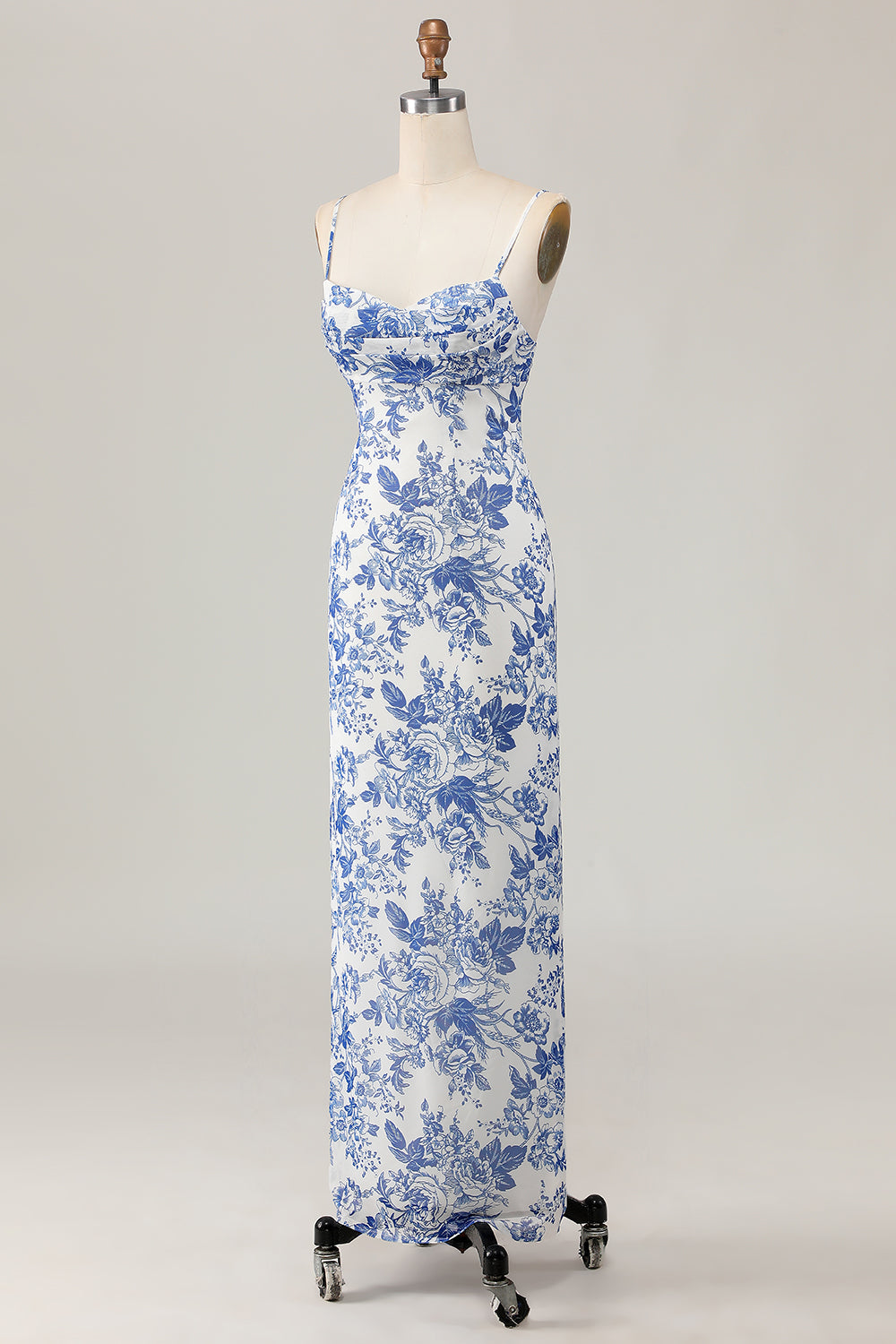 Bedruckte Etui Weiß Blau Blume Langes Hochzeitsgastkleid
