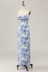 Bedruckte Etui Weiß Blau Blume Langes Hochzeitsgastkleid