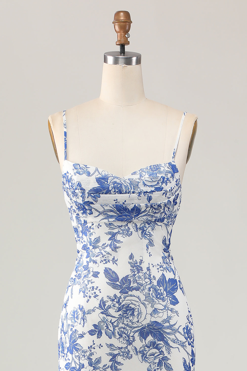 Bedruckte Etui Weiß Blau Blume Langes Hochzeitsgastkleid