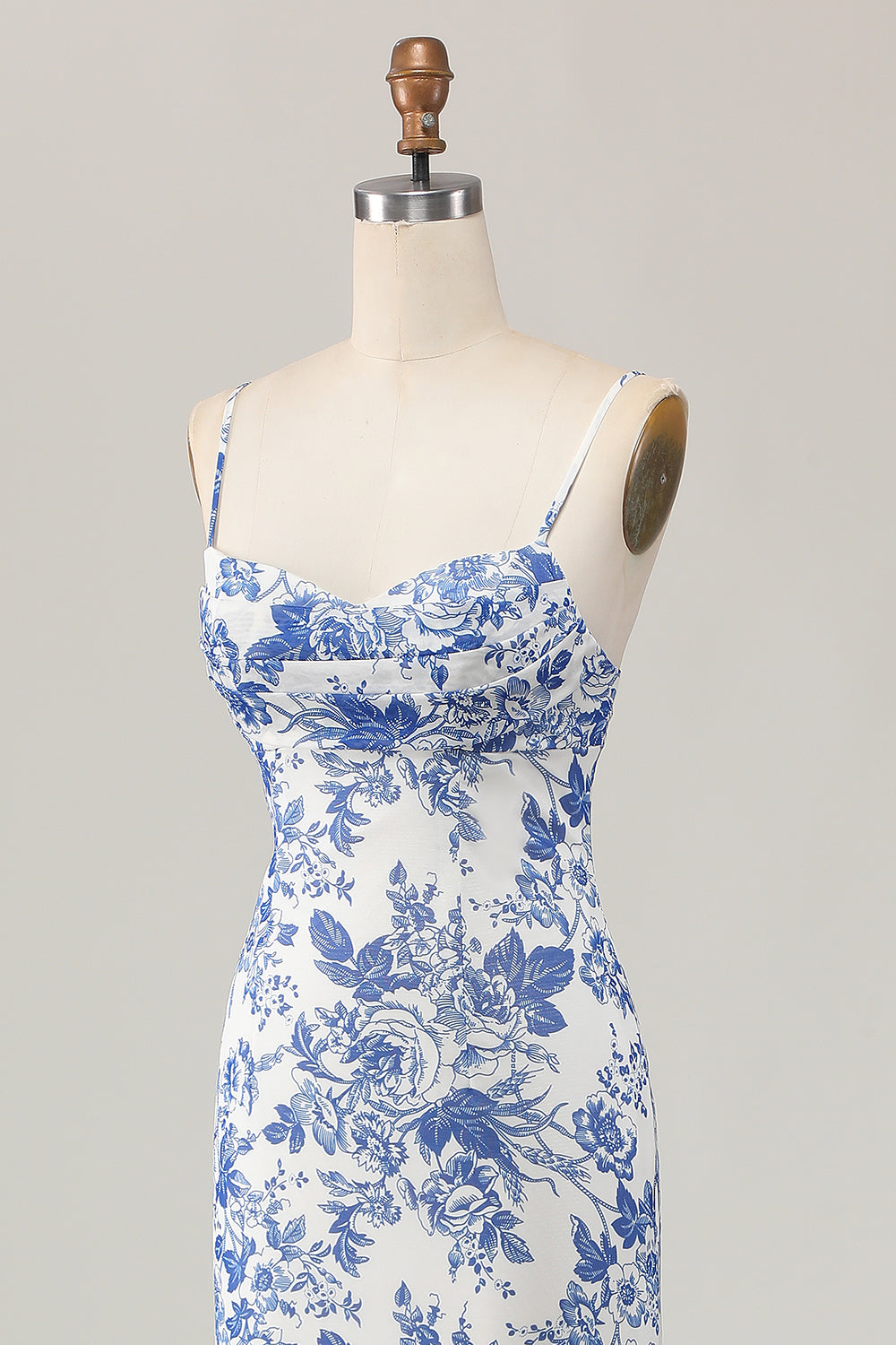 Bedruckte Etui Weiß Blau Blume Langes Hochzeitsgastkleid