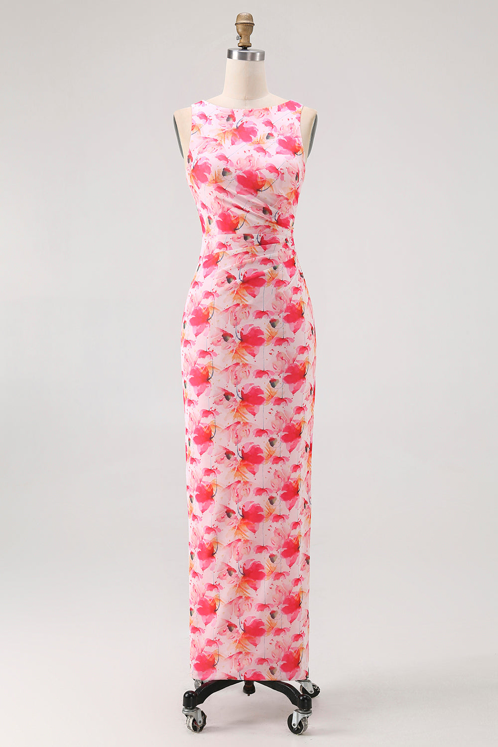 Rosa Blumen Etui Langes Brautjungfernkleid mit U-Boot-Ausschnitt und Druck