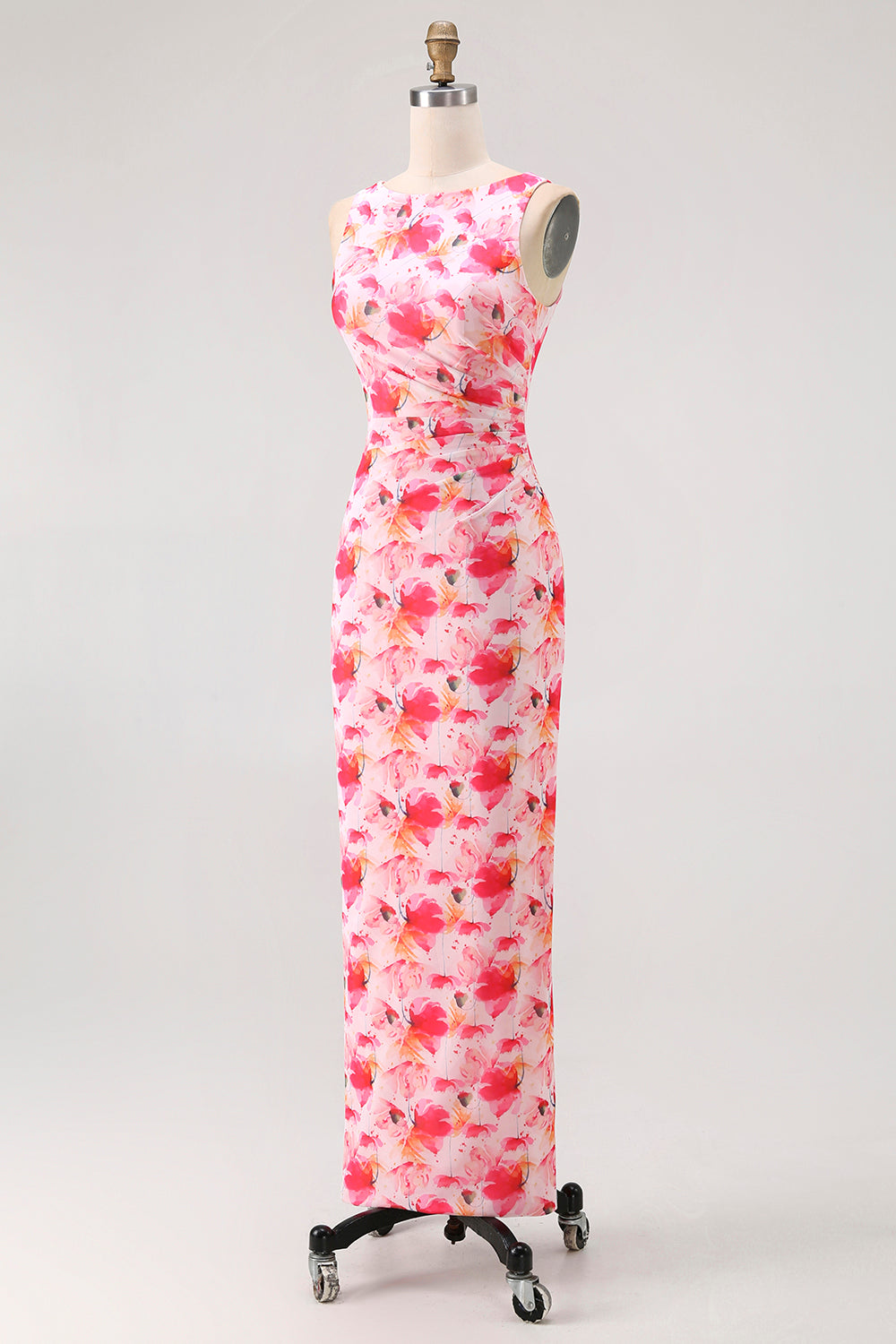 Rosa Blumen Etui Langes Brautjungfernkleid mit U-Boot-Ausschnitt und Druck