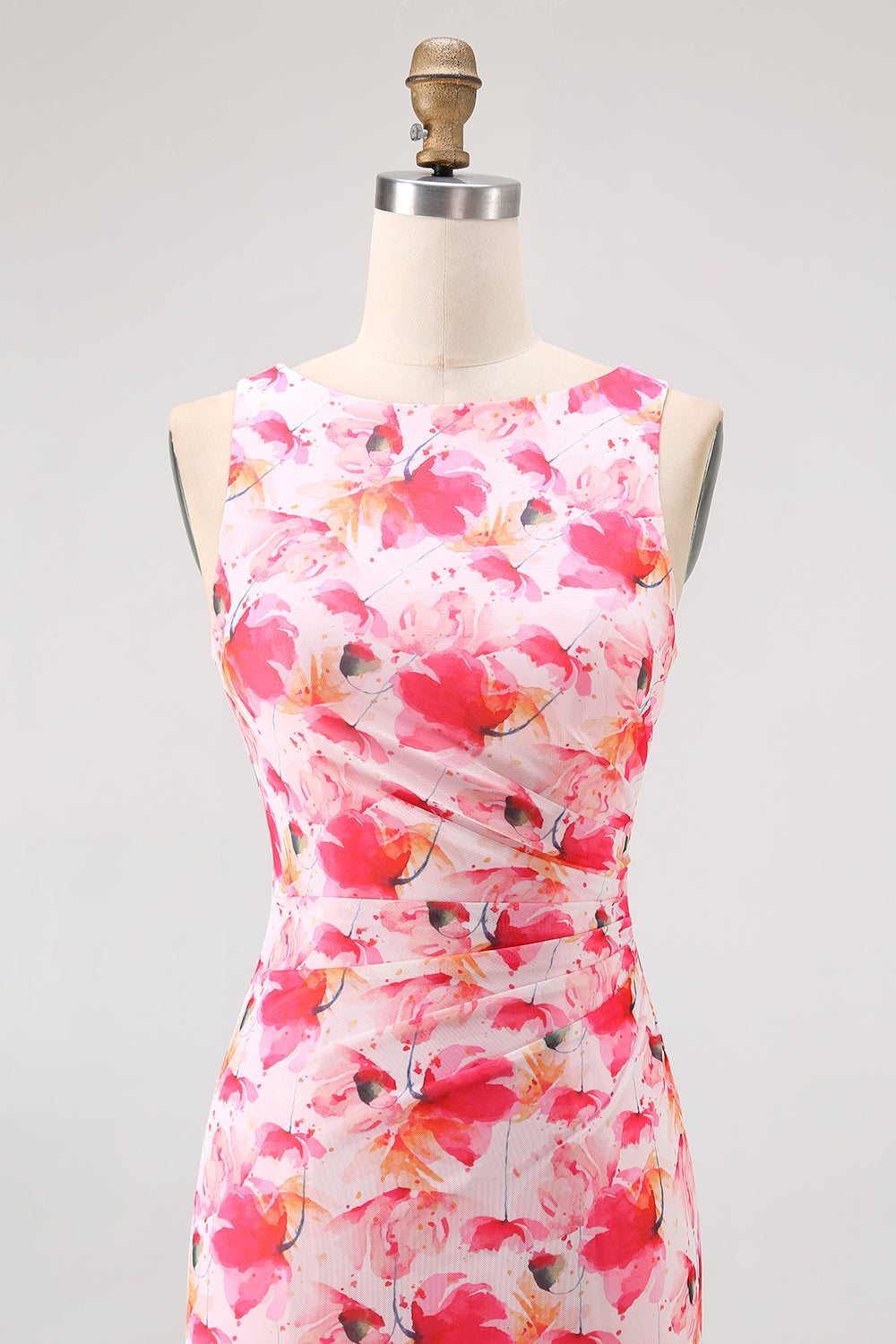 Rosa Blumen Etui Langes Brautjungfernkleid mit U-Boot-Ausschnitt und Druck