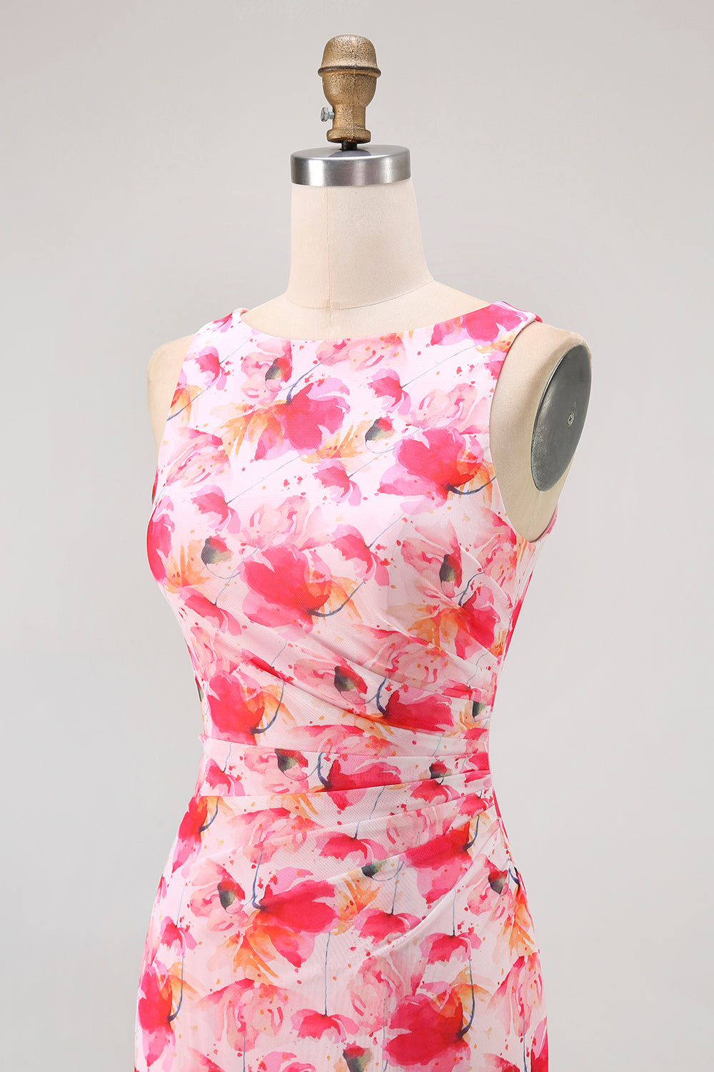 Rosa Blumen Etui Langes Brautjungfernkleid mit U-Boot-Ausschnitt und Druck