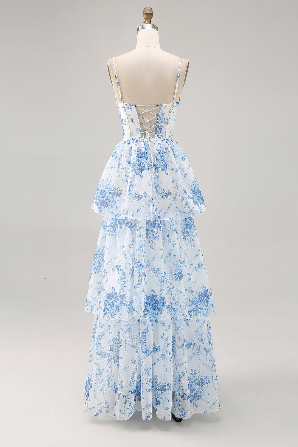 Weiß Blau Blume A Linie Bedrucktes Gestuftes Brautjungfernkleid mit Schlitz