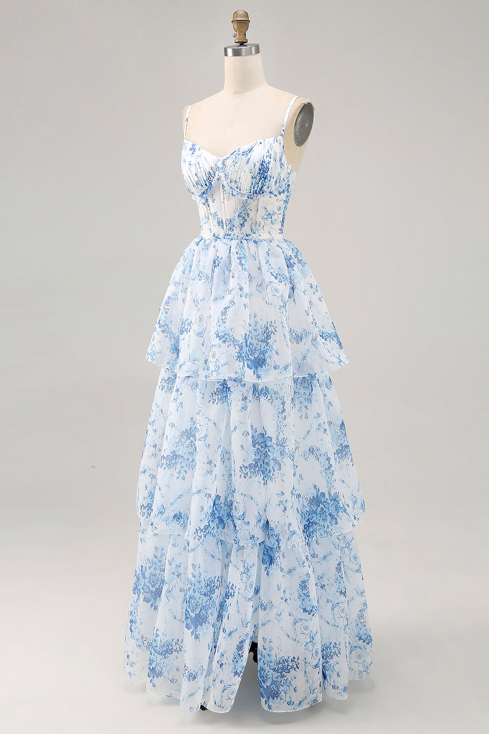 Weiß Blau Blume A Linie Bedrucktes Gestuftes Brautjungfernkleid mit Schlitz