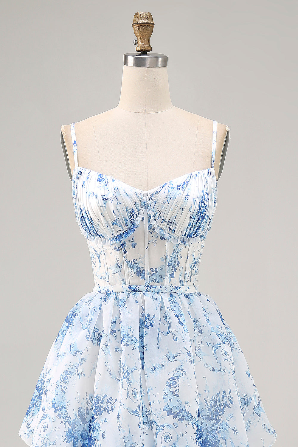 Weiß Blau Blume A Linie Bedrucktes Gestuftes Brautjungfernkleid mit Schlitz